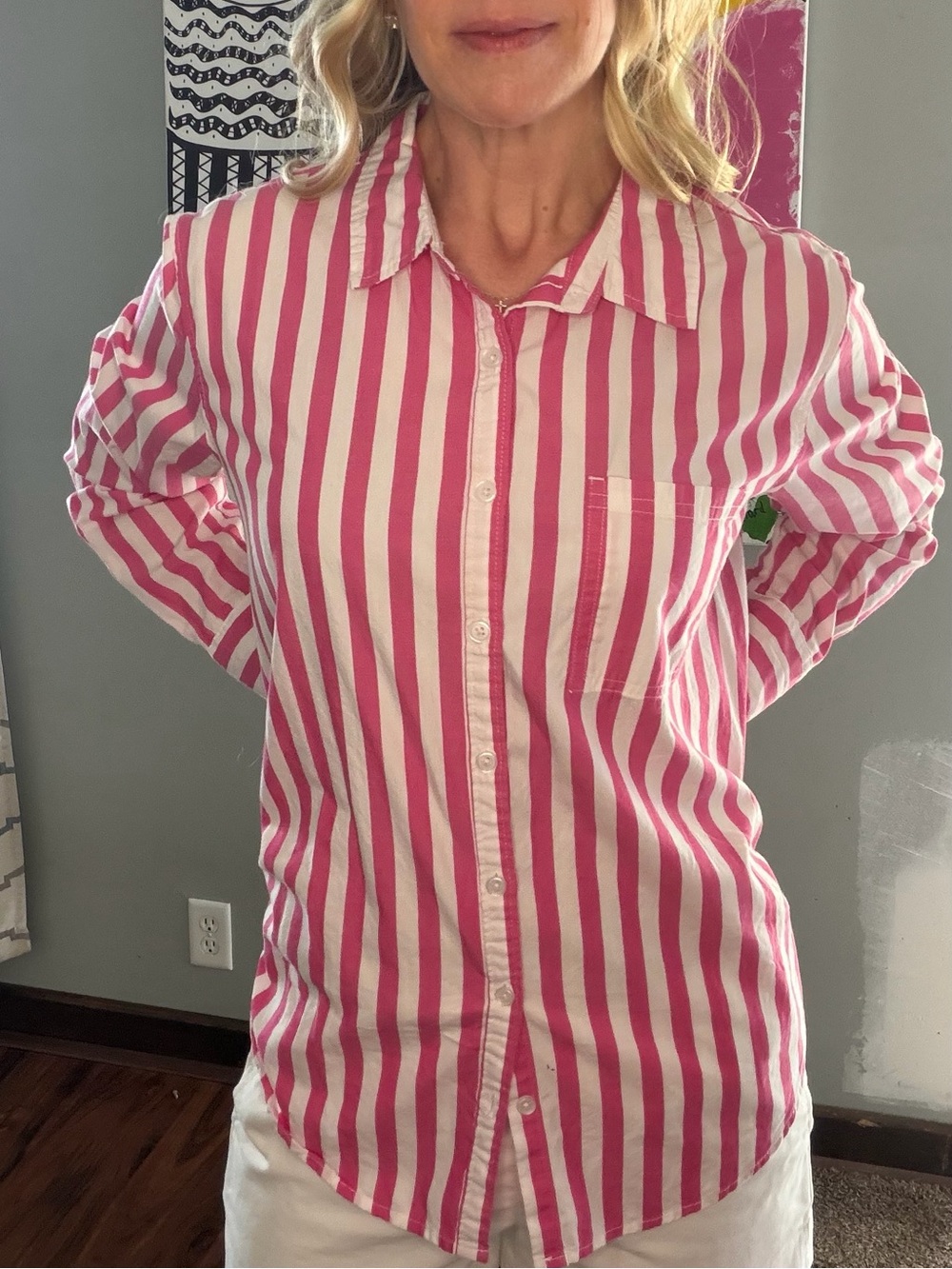 Maurices Pink and White Vertical Stripe Button-Up Shirt